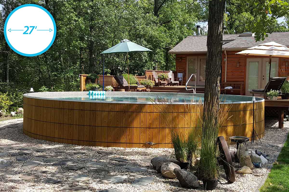 wooden round above ground pool with 27 ft diagram