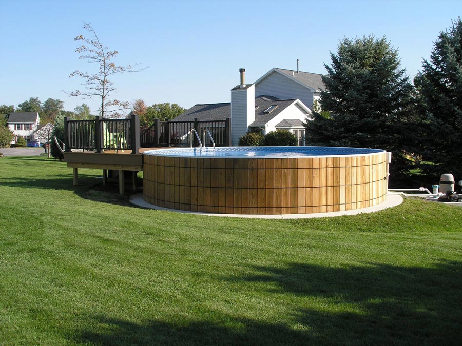 wooden round above ground pool with filter system
