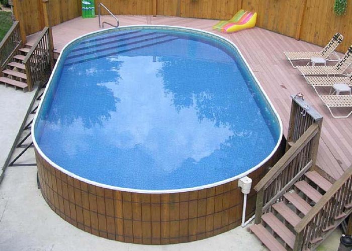 photo of a wooden swimming pool and deck